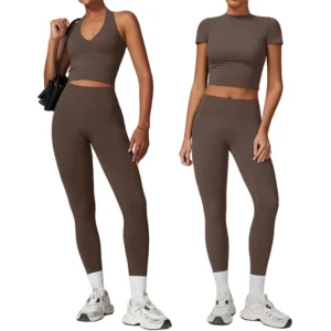 2 Pieces Women Yoga Set Workout Sportswear Short Sleeve Crop Top High Waist Leggings